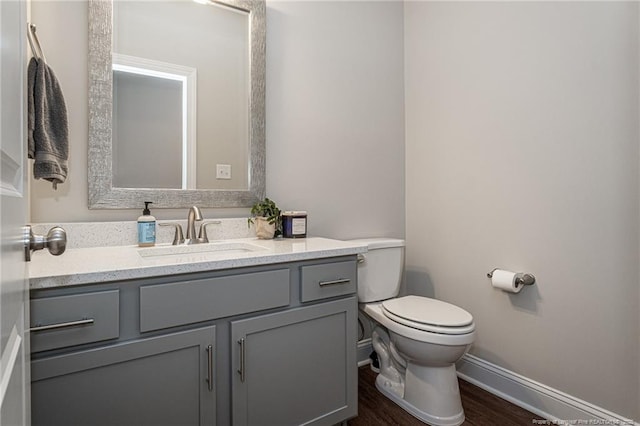 bathroom featuring vanity, wood-type flooring, and toilet