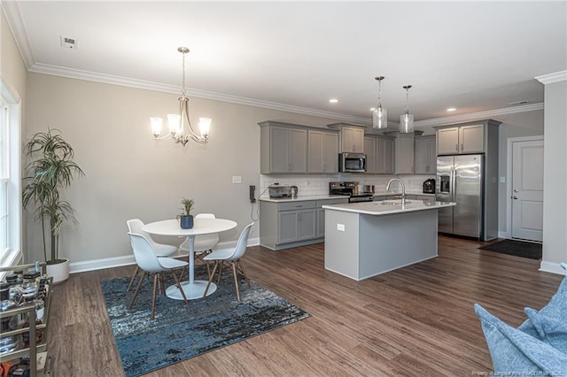 kitchen with pendant lighting, sink, appliances with stainless steel finishes, a kitchen island with sink, and gray cabinetry