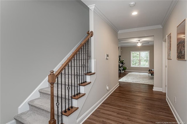 stairs with ceiling fan, ornamental molding, and wood-type flooring