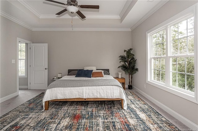 bedroom featuring multiple windows, a raised ceiling, and carpet