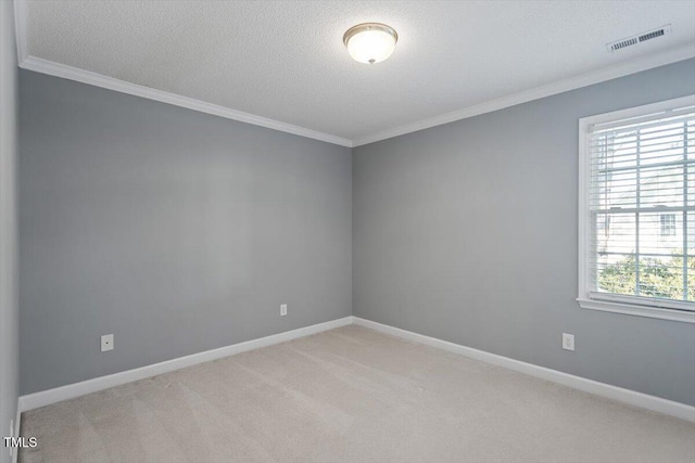 spare room featuring crown molding, light carpet, and a textured ceiling