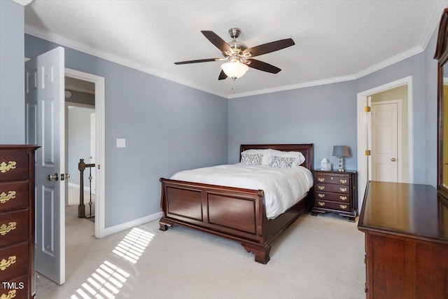 carpeted bedroom with crown molding, a textured ceiling, and ceiling fan