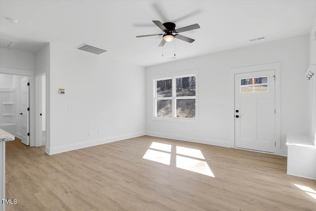 unfurnished living room featuring plenty of natural light, ceiling fan, and light hardwood / wood-style flooring