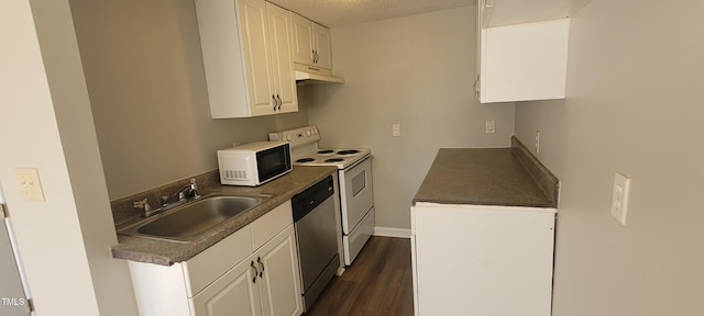 kitchen featuring sink, white cabinets, dark hardwood / wood-style flooring, stainless steel dishwasher, and white range with electric cooktop