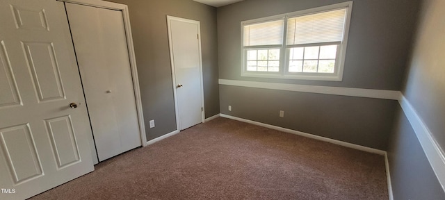 unfurnished bedroom featuring carpet floors and a closet