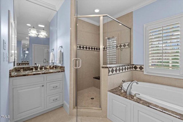 full bath with a stall shower, tile patterned flooring, crown molding, and vanity