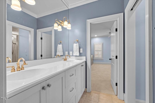 full bath featuring ornamental molding, tile patterned flooring, a sink, and double vanity