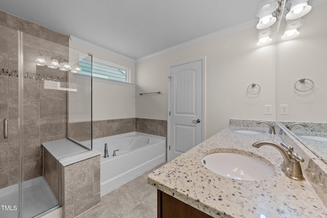 bathroom featuring vanity, crown molding, and shower with separate bathtub