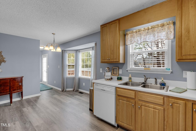 kitchen with dishwasher, light countertops, a textured ceiling, light wood-type flooring, and a sink