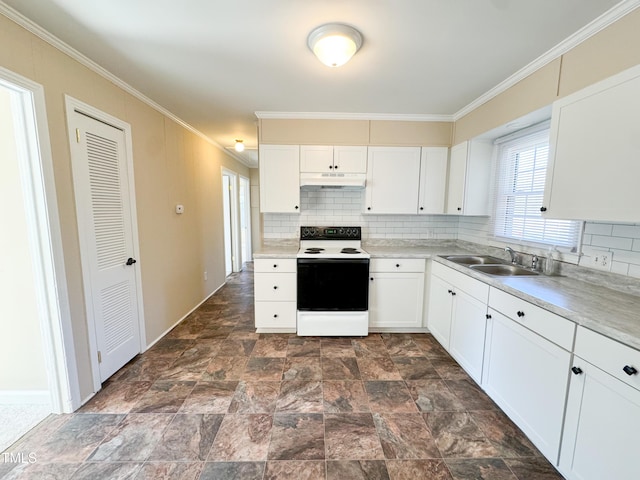 kitchen with electric stove, sink, decorative backsplash, and white cabinets