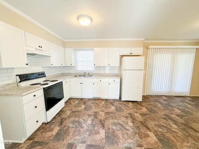 kitchen featuring sink, white appliances, crown molding, white cabinetry, and backsplash