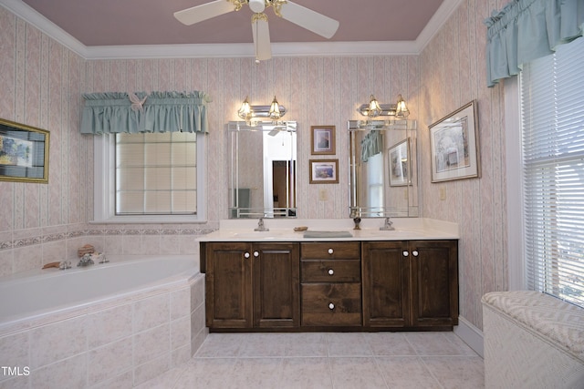 bathroom with vanity, ornamental molding, tile patterned floors, and ceiling fan