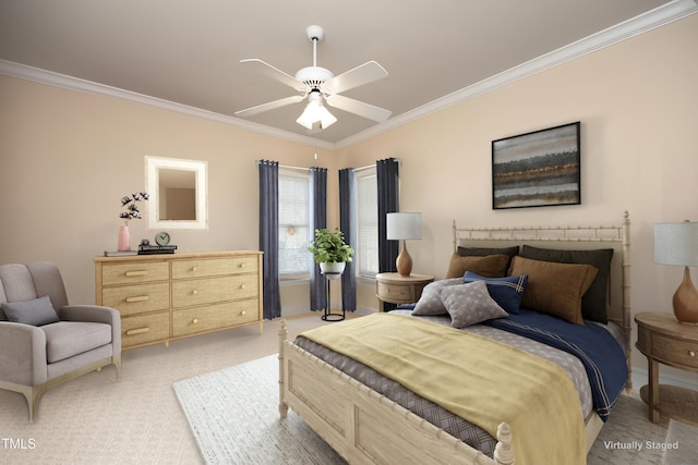 carpeted bedroom featuring ornamental molding and ceiling fan