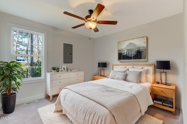 carpeted bedroom with electric panel and ceiling fan