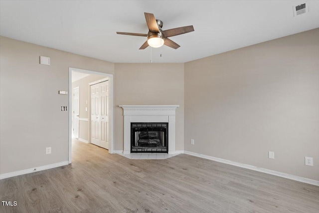 unfurnished living room with light hardwood / wood-style flooring and ceiling fan