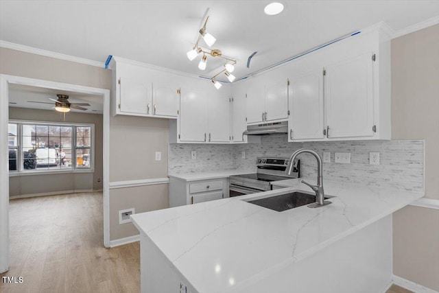 kitchen featuring white cabinetry, sink, kitchen peninsula, and electric stove