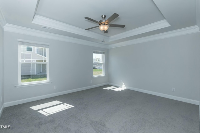 carpeted spare room featuring ceiling fan, ornamental molding, and a raised ceiling