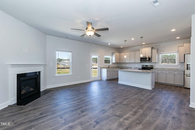 kitchen featuring decorative light fixtures, a center island, dark hardwood / wood-style flooring, a wealth of natural light, and stainless steel appliances