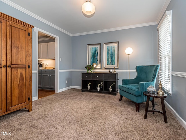 sitting room featuring ornamental molding, carpet, and baseboards