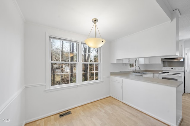 kitchen with under cabinet range hood, white electric range, a peninsula, visible vents, and light wood-type flooring