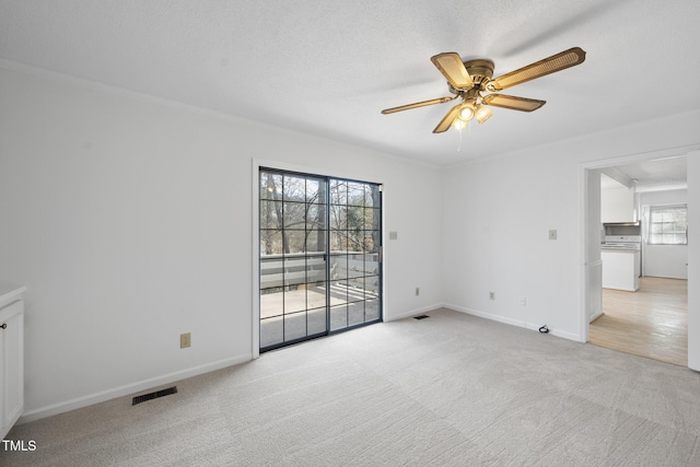 empty room with baseboards, carpet, visible vents, and a textured ceiling