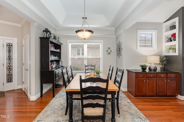 dining room with a raised ceiling, plenty of natural light, and dark wood-type flooring