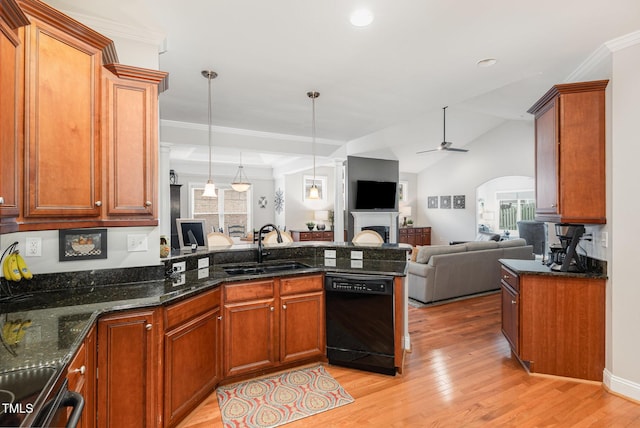 kitchen with sink, dark stone counters, dishwasher, and ceiling fan