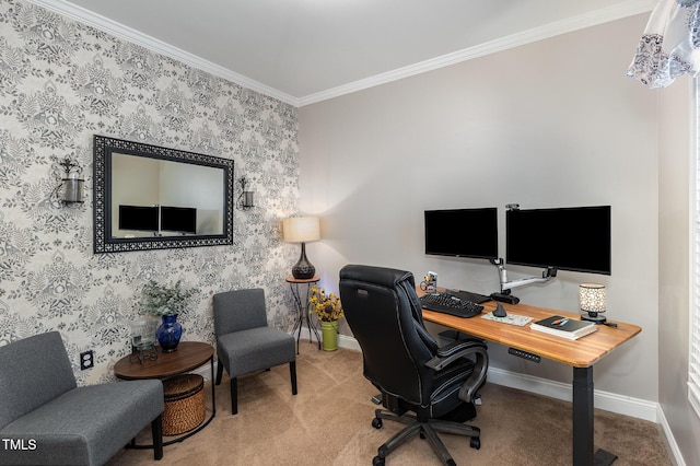 office featuring light carpet and ornamental molding