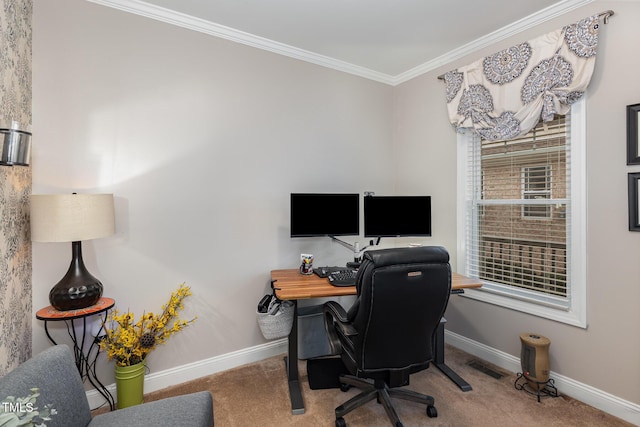 office area with crown molding and carpet