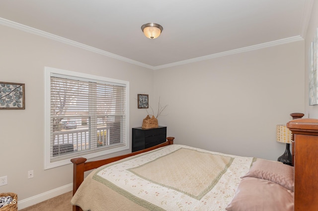 carpeted bedroom featuring ornamental molding