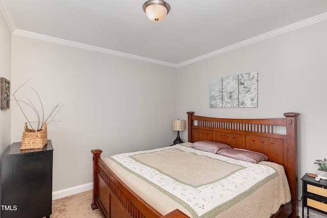 bedroom featuring ornamental molding and light carpet