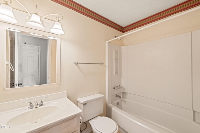 full bathroom with vanity, ornamental molding, toilet, and bathtub / shower combination