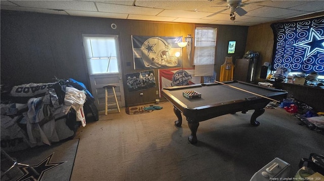 rec room with ceiling fan, billiards, carpet, and a drop ceiling