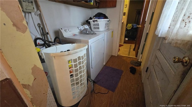 laundry room featuring hardwood / wood-style flooring and washer and clothes dryer