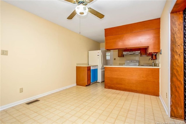 kitchen with ceiling fan, sink, white appliances, and kitchen peninsula