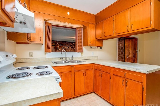 kitchen with white electric range oven, kitchen peninsula, and sink