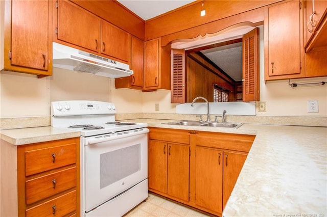 kitchen with sink and white electric range oven