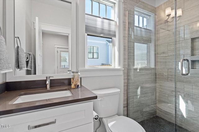 bathroom with vanity, toilet, and an enclosed shower