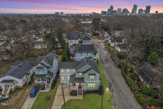 view of aerial view at dusk