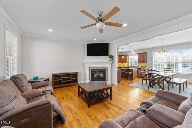 living room featuring ornamental molding, a glass covered fireplace, light wood finished floors, and ceiling fan with notable chandelier