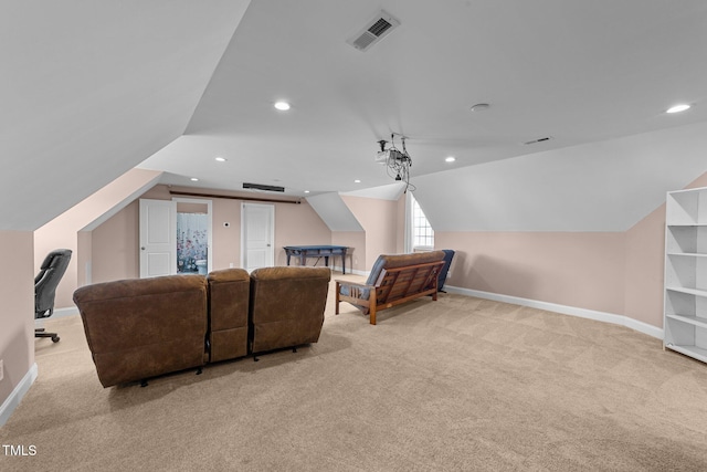 home theater room featuring light carpet, baseboards, visible vents, and recessed lighting