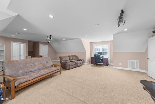 living room featuring visible vents, baseboards, carpet, vaulted ceiling, and recessed lighting