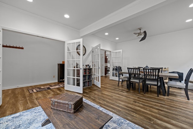 dining room featuring dark hardwood / wood-style flooring, ornamental molding, french doors, and ceiling fan