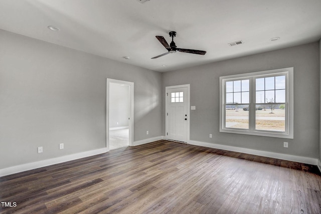 entrance foyer with hardwood / wood-style floors and ceiling fan