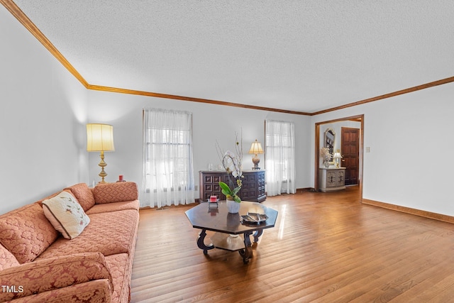 living room featuring hardwood / wood-style floors, ornamental molding, and a textured ceiling