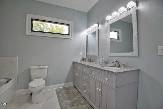 bathroom with vanity, toilet, and a bathing tub