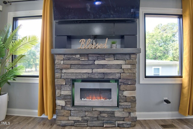 room details with a stone fireplace and hardwood / wood-style floors