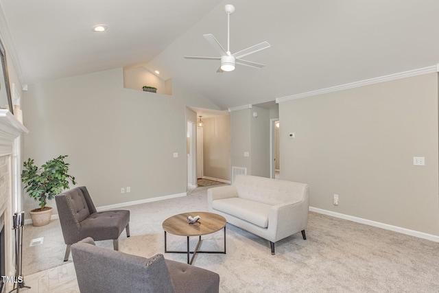 carpeted living room featuring lofted ceiling, ornamental molding, and ceiling fan