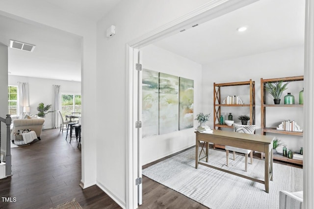 home office featuring dark wood-type flooring