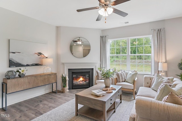 living room with ceiling fan and hardwood / wood-style floors